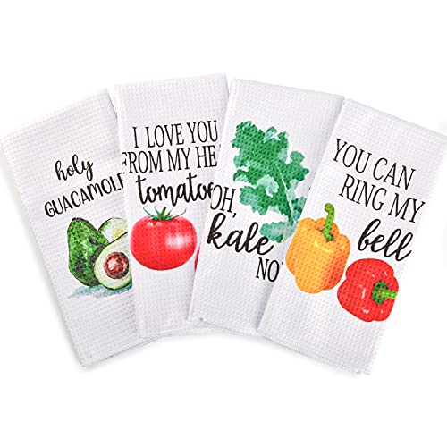 Rainleaf 4 Pack Waffle Funny Kitchen Towels,Absorbent Dishcloths Sets with  Saying,Cute Waffle Weave Towel as Decorative Dish Towels, Hand Towels,Flour